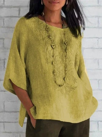 Blouse femme – Coupe ample – Manches courtes – Devant brodé – Fibres naturelles