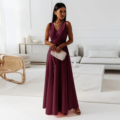 Robe longue femme – Tissu luxueux – Sans manches – Col en V – Taille ceinturée