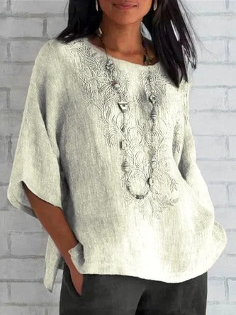 Blouse femme – Coupe ample – Manches courtes – Devant brodé – Fibres naturelles