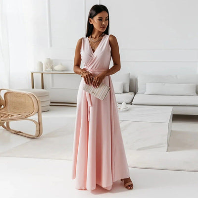 Robe longue femme – Tissu luxueux – Sans manches – Col en V – Taille ceinturée