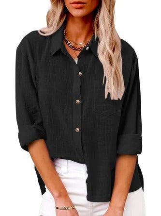 Chemise femme à manches longues – Coupe décontractée – Fibres naturelles – Col classique