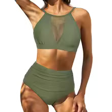 Bikini femme – Taille haute – Haut lacé – Découpes – Tissu respirant extensible