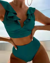 Bikini femme – Haut volanté col V – Taille haute – Tissu extensible respirant