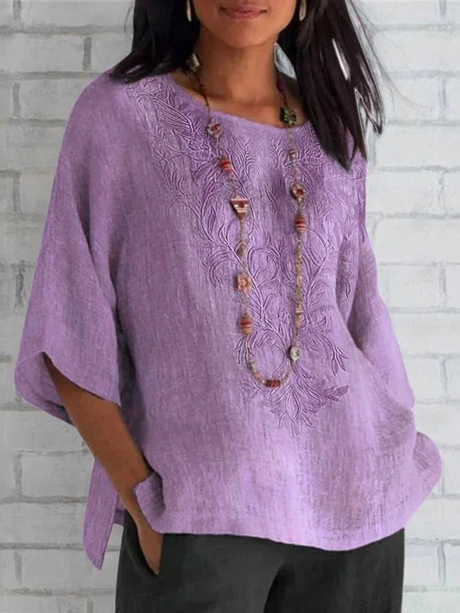 Blouse femme – Coupe ample – Manches courtes – Devant brodé – Fibres naturelles