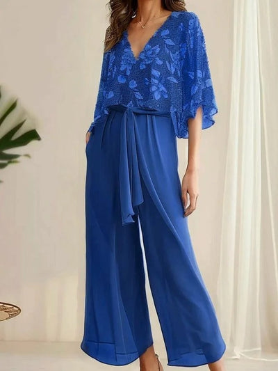 Ensemble femme deux pièces – Top fluide col V – Pantalon large ceinture tissu – Tissu respirant