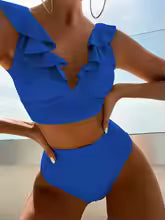 Bikini femme – Haut volanté col V – Taille haute – Tissu extensible respirant