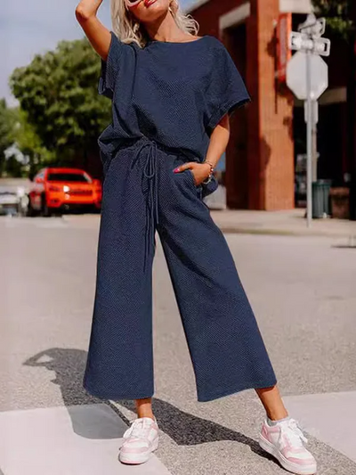 Ensemble Femme – Coupe Décontractée – Maille Douce – Haut Manches Courtes et Pantalon Large