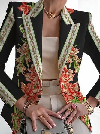 Blazer femme – Coupe régulière – Motif fleuri – Col châle – Fermeture boucle