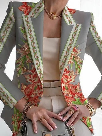 Blazer femme – Coupe régulière – Motif fleuri – Col châle – Fermeture boucle