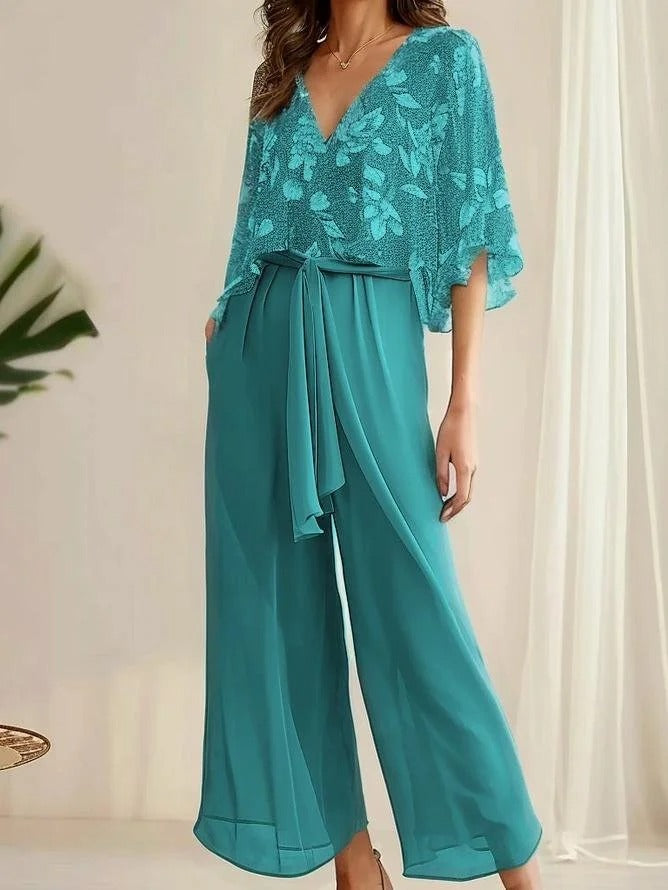Ensemble femme deux pièces – Top fluide col V – Pantalon large ceinture tissu – Tissu respirant