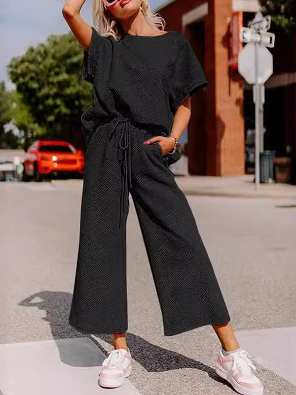 Ensemble Femme – Coupe Décontractée – Maille Douce – Haut Manches Courtes et Pantalon Large
