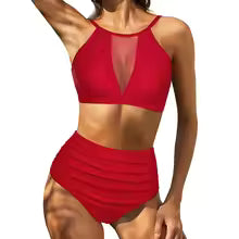 Bikini femme – Taille haute – Haut lacé – Découpes – Tissu respirant extensible