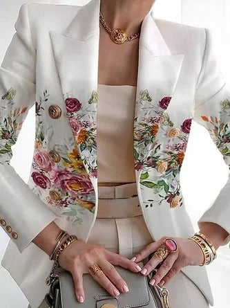 Blazer femme – Coupe régulière – Motif fleuri – Col châle – Fermeture boucle