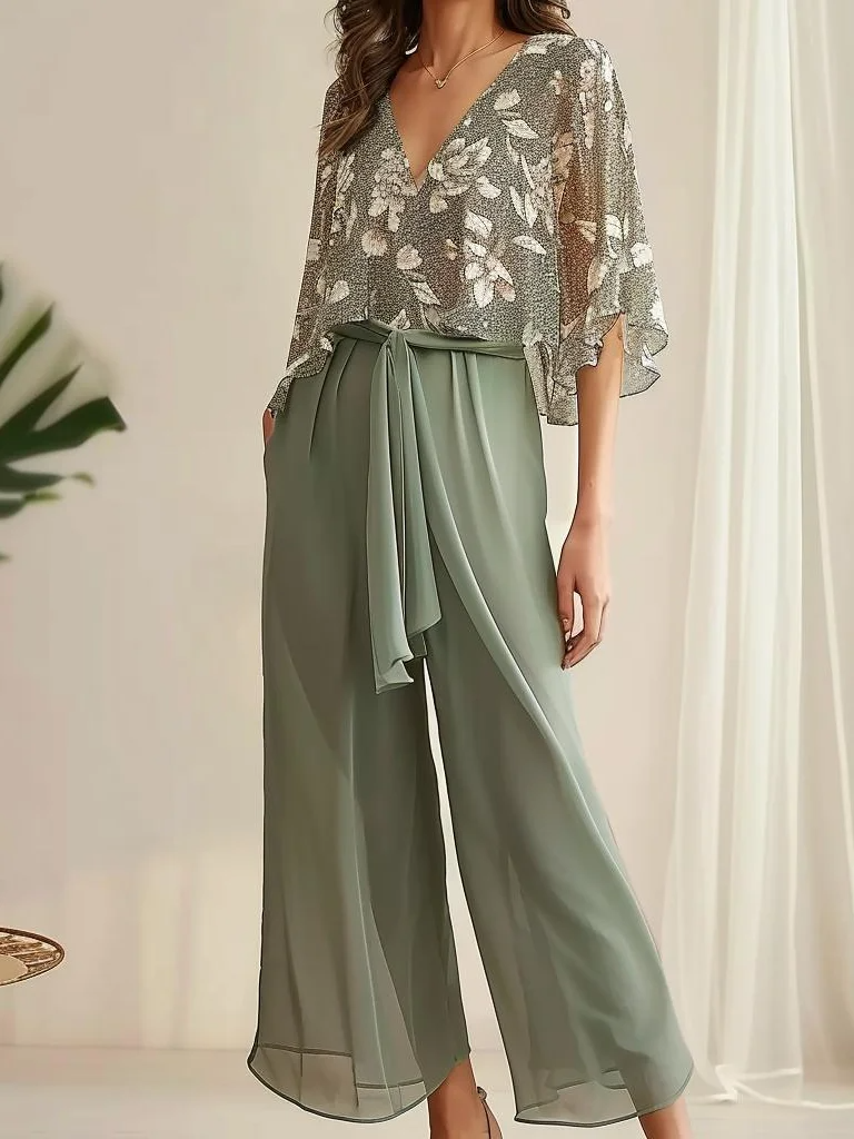 Ensemble femme deux pièces – Top fluide col V – Pantalon large ceinture tissu – Tissu respirant