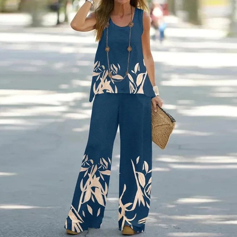 Ensemble Femme – Haut Sans Manches à Fleurs – Pantalon Large – Tissu Respirant – Coupe Fluide