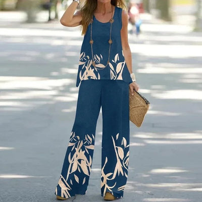 Ensemble Femme – Haut Sans Manches à Fleurs – Pantalon Large – Tissu Respirant – Coupe Fluide