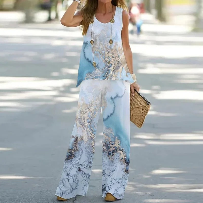 Ensemble Femme – Haut Sans Manches à Fleurs – Pantalon Large – Tissu Respirant – Coupe Fluide