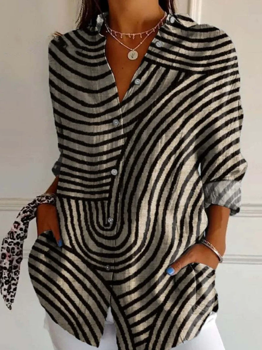 Chemise femme manches longues – Coupe ample – Motif à rayures – Tissu respirant