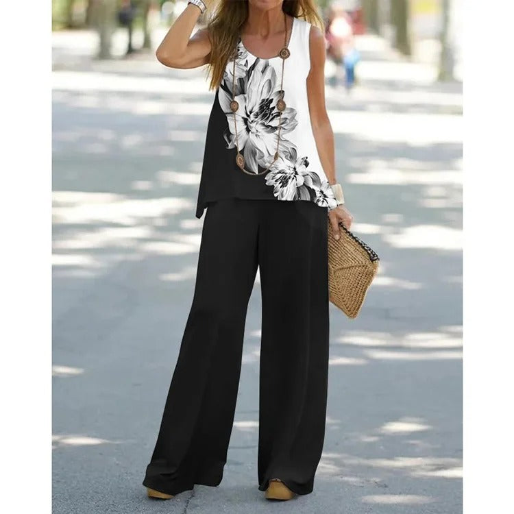 Ensemble Femme – Haut Sans Manches à Fleurs – Pantalon Large – Tissu Respirant – Coupe Fluide