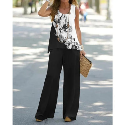 Ensemble Femme – Haut Sans Manches à Fleurs – Pantalon Large – Tissu Respirant – Coupe Fluide