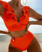 Bikini femme – Haut volanté col V – Taille haute – Tissu extensible respirant