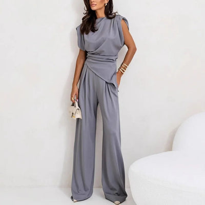 Ensemble Femme – Haut Asymétrique Sans Manches – Pantalon Large Taille Haute – Tissu Respirant