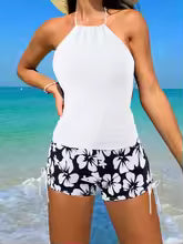 Maillot de bain tankini femme – Dos nu – Short floral à nouer – Tissu respirant