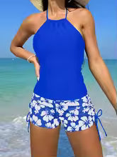 Maillot de bain tankini femme – Dos nu – Short floral à nouer – Tissu respirant