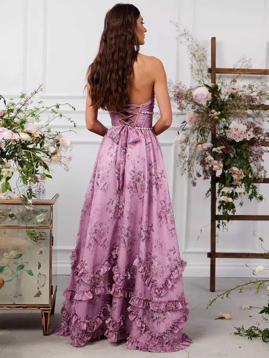 Robe longue femme – Décolleté dos nu – Taille perlée – Motifs floraux – Jupe à volants