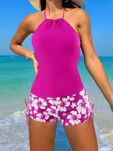 Maillot de bain tankini femme – Dos nu – Short floral à nouer – Tissu respirant