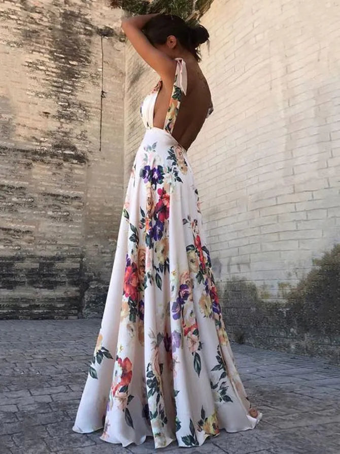 Robe Longue Femme – Coupe Flottante – Décolleté V – Dos Ouvert – Imprimé Fleuri