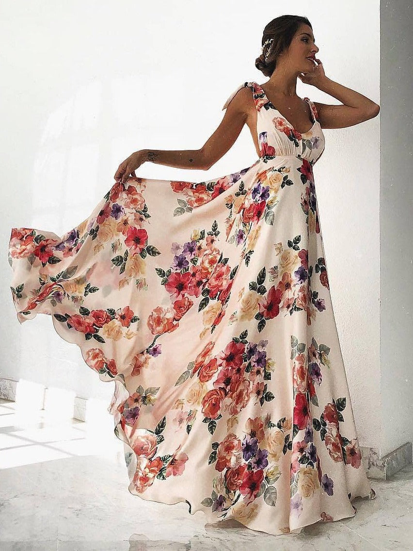 Robe Longue Femme – Coupe Flottante – Décolleté V – Dos Ouvert – Imprimé Fleuri