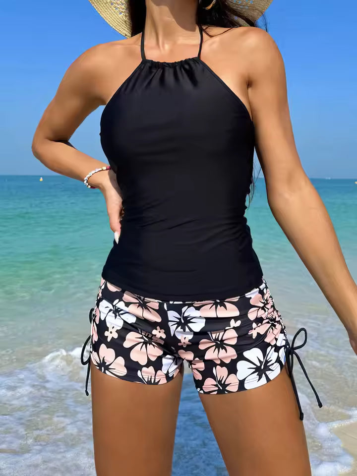 Maillot de bain tankini femme – Dos nu – Short floral à nouer – Tissu respirant