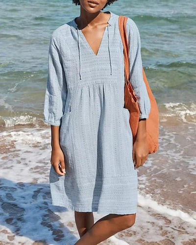 Robe femme – Coupe décontractée – Fibre naturelle – Manches 3/4 – Col en V