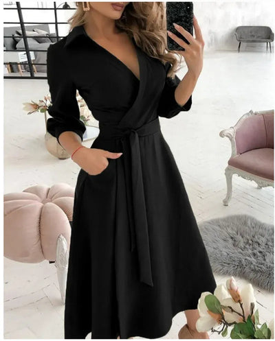 Robe portefeuille femme – Coupe ajustée – Tissu luxe doux – Manches 3/4 – Col tailleur