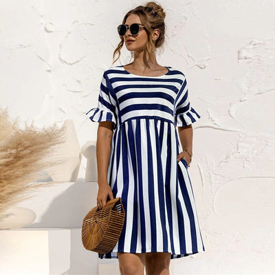 Robe femme – Coupe décontractée – Manches à volants – Tissu respirant – Col rond