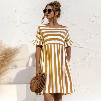 Robe femme – Coupe décontractée – Manches à volants – Tissu respirant – Col rond