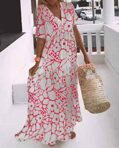 Robe longue femme – Coupe évasée – Tissu respirant – Col V – Manches courtes – Imprimé floral