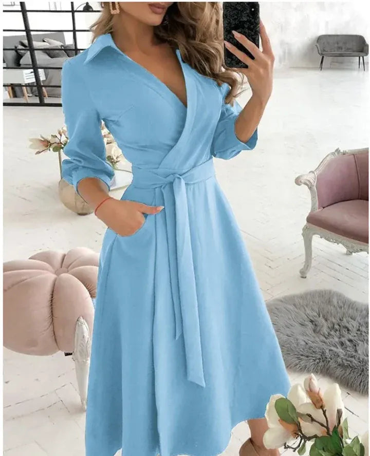 Robe portefeuille femme – Coupe ajustée – Tissu luxe doux – Manches 3/4 – Col tailleur