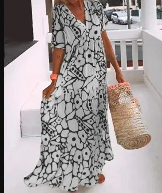 Robe longue femme – Coupe évasée – Tissu respirant – Col V – Manches courtes – Imprimé floral