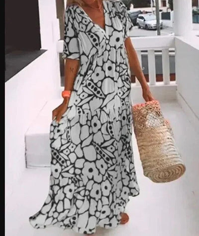 Robe longue femme – Coupe évasée – Tissu respirant – Col V – Manches courtes – Imprimé floral