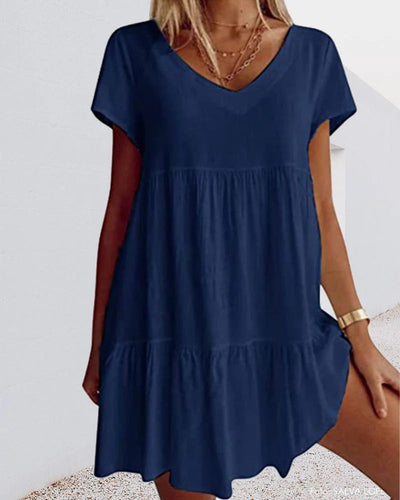 Robe trapèze femme – Coupe fluide – Tissu respirant – Manches courtes – Col V – Volants