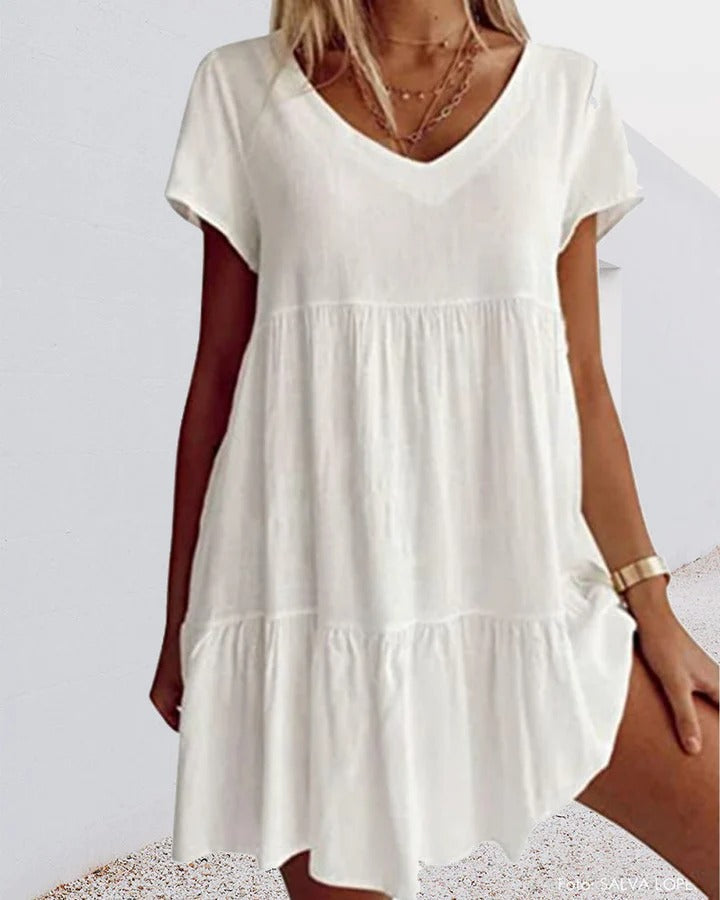 Robe trapèze femme – Coupe fluide – Tissu respirant – Manches courtes – Col V – Volants