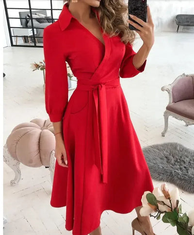 Robe portefeuille femme – Coupe ajustée – Tissu luxe doux – Manches 3/4 – Col tailleur