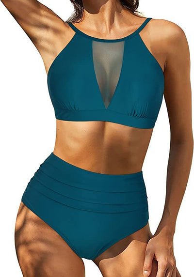 Bikini femme – Taille haute – Haut lacé – Découpes – Tissu respirant extensible