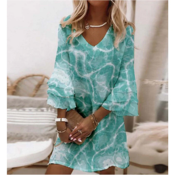 Robe courte femme – Coupe décontractée – Col en V – Manches 3/4 évasées – Tissu respirant