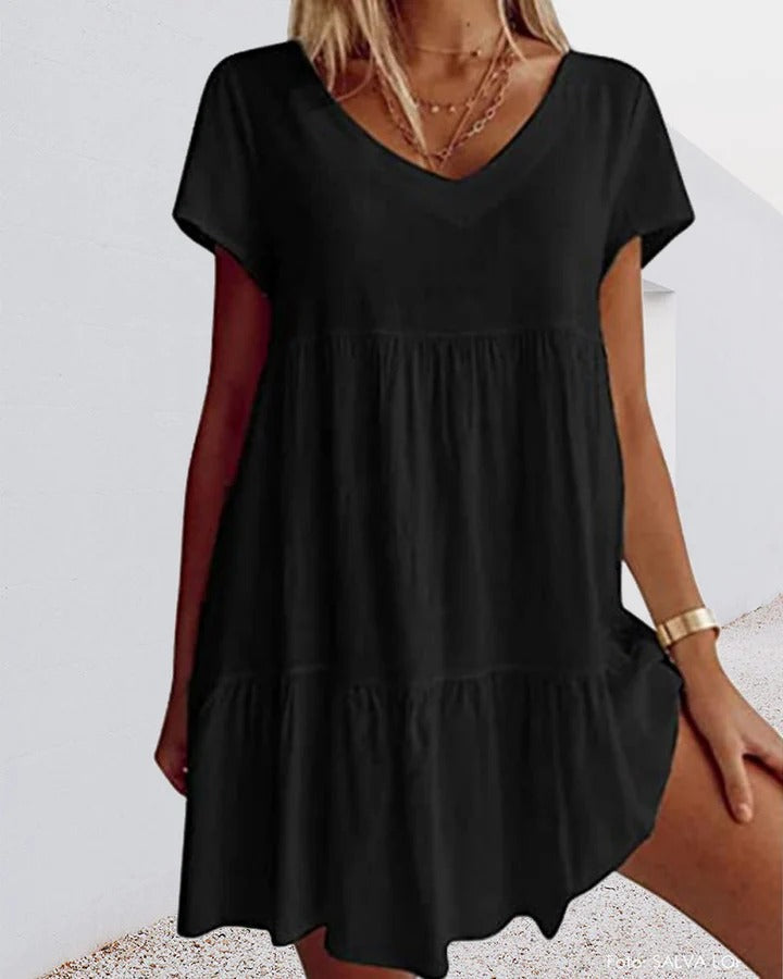 Robe trapèze femme – Coupe fluide – Tissu respirant – Manches courtes – Col V – Volants