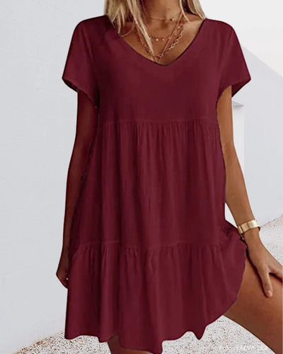 Robe trapèze femme – Coupe fluide – Tissu respirant – Manches courtes – Col V – Volants
