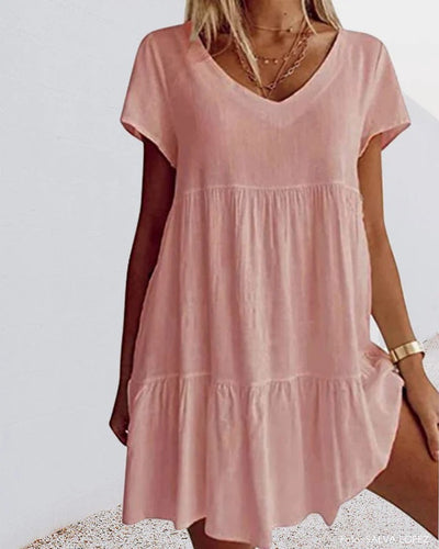 Robe trapèze femme – Coupe fluide – Tissu respirant – Manches courtes – Col V – Volants