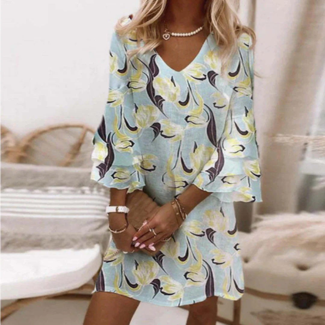 Robe courte femme – Coupe décontractée – Col en V – Manches 3/4 évasées – Tissu respirant